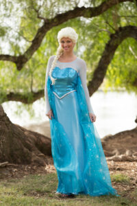 Elsa-themed birthday decorations with blue balloons, snowflake garlands, and frosty table settings.
